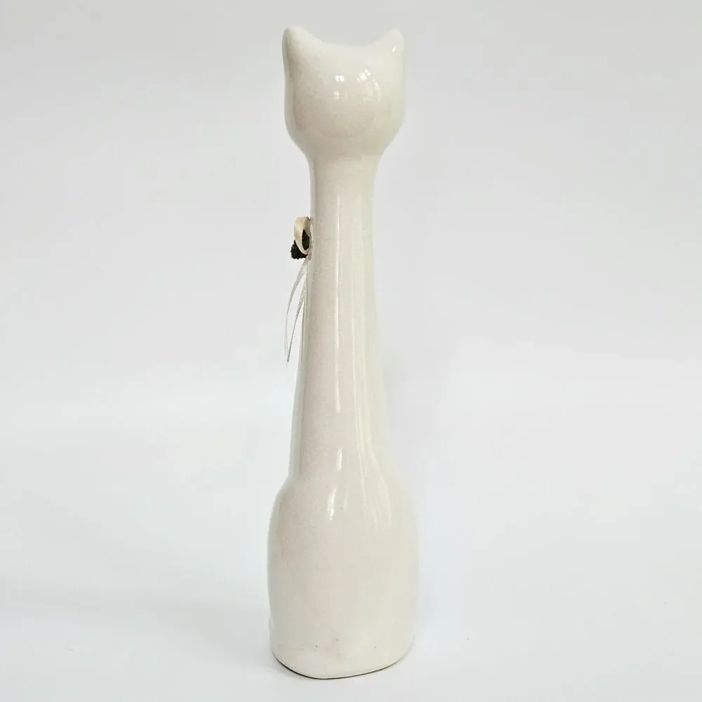 Vintage White Ceramic Cat Figurine | 10 Inch Tall Mid Century Modern Statue